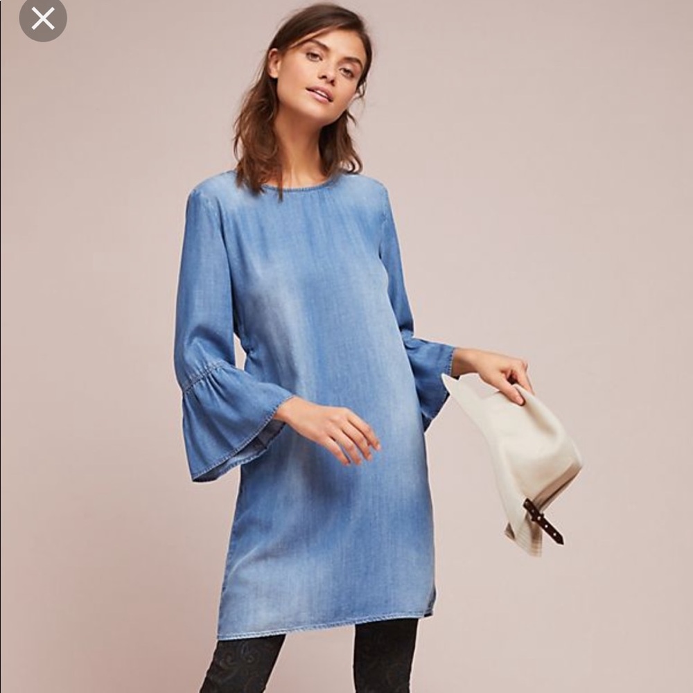 Anthropologie Ruffle Sleeve Chambray Dress